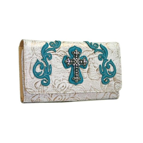 Ritz Ritz WC99-WT-TQ Western Rhinestone Bling Cross Trifold Wallet - White & Turquoise Trim WC99-WT/TQ - main